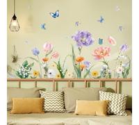 SHUCHING Watercolor Tulip Flowers Wall Decals, Colorful Wildflower Butterfly Wall Stickers, Garden Flower Wall Décor Art for Living Room Bedroom