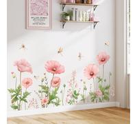 SHUCHING Watercolour Pink Flowers Wall Decals Peel and Stick, Poppy Florals Wall Stickers, Removable Vinyl Wall Decoration Art for Bedroom Living Room Office