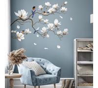 SHUCHING White Flowers Wall Decals Peel and Stick, Magnolia Tree Branch and Birds Wall Stickers, Blossom Floral Wall Décor Art for Living Room Bedroom TV Sofa Corner - Left