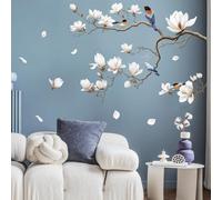 SHUCHING White Flowers Wall Decals Peel and Stick, Magnolia Tree Branch and Birds Wall Stickers, Wall Décor Art for Living Room Bedroom TV Sofa Corner - Right