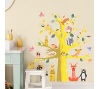 SHUCHING Yellow Animal Tree Wall Decals Peel and Stick, Raccoon Birds Deer Wall Stickers, Wall Décor Art for Kids Nursery Living Room Bedroom Playroom