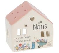 Shudehill Giftware Ceramic Garden Tealight House - Nan's, Decorative Home Ornament with Floral Design, Pink Roof, White Walls