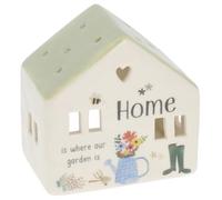 Shudehill Giftware Ceramic House Tealight Holder, White and Blue Garden Design, Decorative Candle Holder with Floral Motifs, Cottage Shape Home Decor (Happy Garden Tealight House Home)