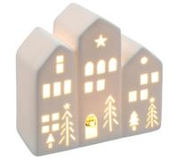 Shudehill Giftware China White Christmas LED Light Up Warm White Cosy House with Xmas Trees and Stars Home Decoration - Small or Large Sizes (Triple)