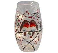 Shudehill Giftware Christmas Crackle Glass Double Robin LED Light Up Vase Decoration with Red Berries
