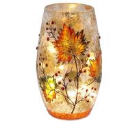 Shudehill Giftware Crackle Glass Autumn Leaves LED Vase, Light Up Decoration with Berries and Foliage Design