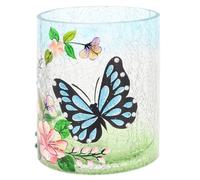Shudehill Giftware Crackle Tealight Candle Holder - Large Stained Glass Design with Blue Butterfly and Floral Pattern, Home Decor for Table, Mantles or Centerpiece 12x10cm