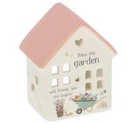 Shudehill Giftware Happy Garden Ceramic Tealight House, Bless This Garden Candle Holder Ornament with Pink Roof