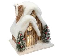 Shudehill Giftware LED Light Up Christmas House Decoration, Rustic Wooden Chalet with Snow-Covered Roof, Mini Pine Trees, Holiday Winter Scene