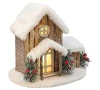Shudehill Giftware LED Winter Cottage, Rustic Wooden Christmas House Decoration with Snow-Covered Roof, Pine Trees, Red Berries, Battery Operated Light Up Holiday Scene