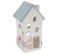 Shudehill Giftware Meadow Garden House Pastel Coloured Ceramic Tealight Holder with Crackle Effect - Grey with Floral Design