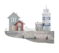 Shudehill Giftware Sandy Bay Hanging Plaque Ornament Decoration - Beach Rustic Themed Design with Lighthouse and Beach Huts (Key Rack)