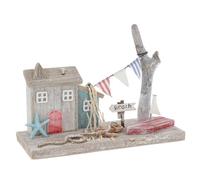 Shudehill Giftware Sandy Bay Standing Beach House Ornament - Coastal Themed Design with Lighthouse, Anchor, Log House and More (Beige, Resin, Tabletop)