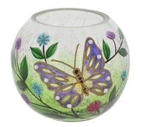 Shudehill Giftware Small Crackle Round Tealight Holder - Butterfly Glitter Embellished Stained Glass Candle Holder, Vibrant Floral Design
