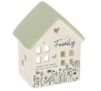Shudehill Giftware Sweet Meadow Ceramic Tealight House, White and Green Decorative Candle Holder with Family Quote, Floral Design, (Height 10.7cm x Width 8.7cm x Depth 6.5cm)