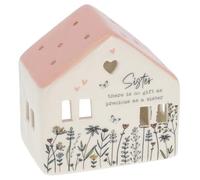 Shudehill Giftware Sweet Meadow Sister Ceramic Tealight House, Floral Design, Pink and White, Sentimental Message
