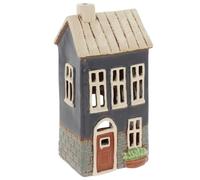 Shudehill Giftware Village Pottery Blue Brick House Tealight Holder, Ceramic, Cottage Style Decoration, Warm Ambience, Charming Two-Storey Design with Cream Roof and Arched Doorway