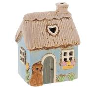 Shudehill Giftware Village Pottery Blue Thatched Collection Cottage Tealight Holder, Ceramic, Rustic Garden House Ornament