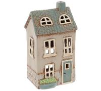 Shudehill Giftware Village Pottery Ceramic Brick Cottage Tealight Holder with Plants, Cream and Brown with Teal Roof and Door, Home Decoration