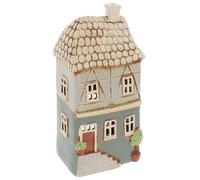 Shudehill Giftware Village Pottery Ceramic Step House Tealight Holder, Cottage Ornament, Hand Finished, Teal and Cream