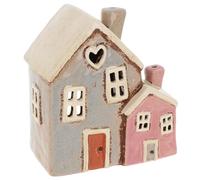 Shudehill Giftware Village Pottery Ceramic Tealight Holder Two Heart House Pink and Grey