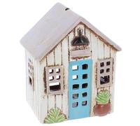 Shudehill Giftware Village Pottery Holiday House Ceramic Tealight Holder - Cream House Blue Door