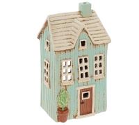 Shudehill Giftware Village Pottery Panel House Tealight Holder, Ceramic, Hand Finished, Cottage Style Decoration, Teal and Cream