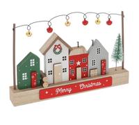 Shudehill Giftware Wooden Christmas Village Scene, Decorative Holiday Houses with Bells and Trees, Red Green White Festive Street Display with Merry Christmas Sign
