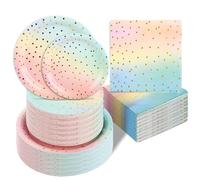 SHUESS 150 Pcs Rainbow Paper Plates and Napkins - Pink and Gold-Pastel Party Tableware Set - Disposable Party Supplies Includes 9"&7" Rainbow Paper Plates, Napkins, Serves 50