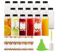 SHUESS 18 Pack 500ml Clear Plastic Juice Bottles with Lids - 16oz Smoothie Bottle with Seal Lids, Pouring Funnel and Brush - Reusable Sensory Bottles with fruit labels for Smoothie, Milk, Juicing