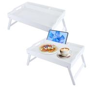 SHUESS 2 Pack White Bamboo Bed Tray - 41.5 x 30 x 20.5 cm Breakfast Tray with Folding Legs - Trays for Eating on Lap with Media Slot, Ideal for Bed, Sofa, Eating, Platters, Working, Serving