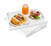 SHUESS 2 Pack Wooden Tray - 41 x 28 x 5cm Rectangular White Bamboo Tray with Handles - Trays for Food Serving - Large Serving Trays with Handles for Breakfast, Tea, Coffee, Eating