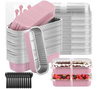 SHUESS 225 PCS/75 Sets Mini Loaf Cake Cases - Mini Loaf Tins with Lids and Spoons - 200ML Reusable Aluminum Mini Cake Tins - Rectangle Baking Tin with Stickers for Cake Bread Baking (Pink)