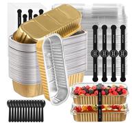 SHUESS 225 PCS/75 Sets Mini Loaf Cake Cases - Mini Loaf Tins with Lids and Spoons - 200ML Reusable Aluminum Mini Cake Tins - Rectangle Baking Tin with Stickers for Cakes Bread Baking (Gold)