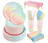SHUESS 252 Pcs Rainbow Paper Plates and Napkins Set, Pink and Gold Party Tableware, Disposable Golden Dot Party Supplies Includes Pink Paper Plates, Napkins, 9oz Cups, Tablecloth, Straws, Serves 50
