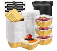 SHUESS 300 PCS/100 Sets Mini Loaf Cake Cases - Mini Loaf Tins with Lids and Spoons - 175ML Reusable Aluminum Mini Cake Tins - Square Baking Tin with Stickers for Cake Bread Baking (Gold)