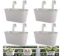 SHUESS 4 Pcs Iron Hanging Flower Pots - Balcony Planters for Railing with Detachable Hook - Metal Hanging Plant Pots Outdoor for Fence Balcony Garden, Grey