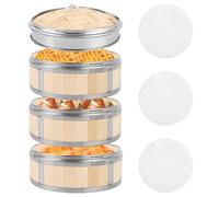 SHUESS Bamboo Steamer Pot 3-Piece with Lid Diameter 20 cm - Bamboo Steamer with Silicone Pads - Stackable Bamboo Steamer for Vegetables Dumplings Dim Sum Rice - Steamer Basket Set