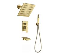 SHUGUANG Shower System with Waterfall Tub Tap, Brushed Gold Shower Faucet Set Brass Shower Combo Set Wall Mounted Luxury Rain Mixer Shower with 8 Inch Square Rainfall Shower Head, Handheld Shower