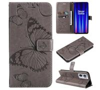 ShuiSu Vegan Leather Wallet Case for OnePlus Nord CE 2 5G, Protective Flip Cover with Beautiful Butterfly Embossing Magnetic Closure Kickstand Function Card Pockets Wristband (KP3) -Grey