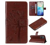 ShuiSu Vegan Leather Wallet Case for Vivo Y55 5G, Protective Flip Cover with Beautiful Tree Pattern Magnetic Closure Kickstand Function Card Pockets Wristband (KP2) -Brown