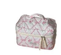 SHUIXIAYUE Cute Bow Flower Quilting Cotton Makeup Bag Women Zipper Cosmetic Organizer Female Cloth Handbag Portable Toiletry Case for Girls(Pink-Cosmetic Bag)