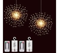 SHUKAN 2 Pack Warm White Decorative/Festive Hanging String Lights, 200 LED Copper Wire Fireworks Lights with Remote, Battery Powered, Dimmable, Flashing Modes, Timer Function