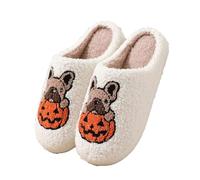 Shukqueen Christmas Slippers Santa Reindeer for Womens Mens Soft Plush Warm Fuzzy Shoes Halloween Ghost House Slipper Idea Gifts Puppy Pumpkin Inner EU37~38