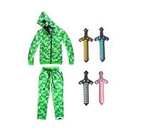 Shukqueen Kid Green Square Print Hooded Top with Zipper and Pant Suit Cosplay Costume with Inflatable Sword 120cm