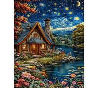 Shukqueen Painting by Numbers for Adults DIY Paint by Numbers Kit for Beginner Starry Cabin River Flowers 16x20 Inch (Frameless)