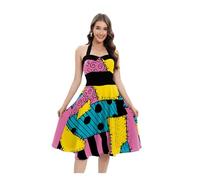 Shukqueen Womens Christmas Nightmare Sally Cosplay Dresses Strappy Halter Neck Sleeveless Dress Halloween Costume Yellow Small