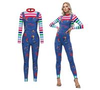 Shukqueen Womens Ghost Chucky Cosplay Jumpsuit Halloween Performance Stripes Blue Cosplay Costume Bodysuit X-Large