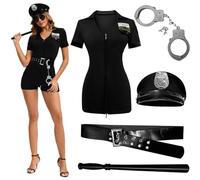 Shukqueen Womens Halloween Police Cosplay Uniform Seduction Costume Rave Nightclub Party Game Black Zip Top and Hat Set XXL