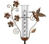 shumi Rain Gauge Outdoor - 7 Inch Rain Gauges for Measuring, Bronze Hummingbird Decorative Rain Gauges Feezeproof, Metal Flower Water Gauge for Garden Yard Decor, Gardening Gifts for Women